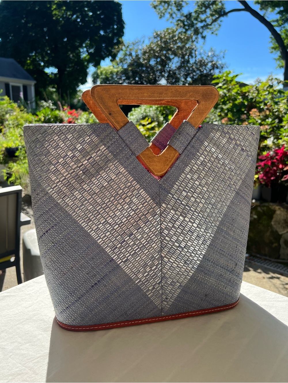 Gray Woven Tote with Wooden Triangle Handles